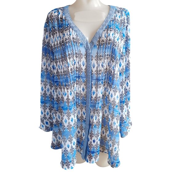 Valerie Stevens XL Womens Blouse Blue & White Geometric Tunic With Sequin Detail - Picture 2 of 6